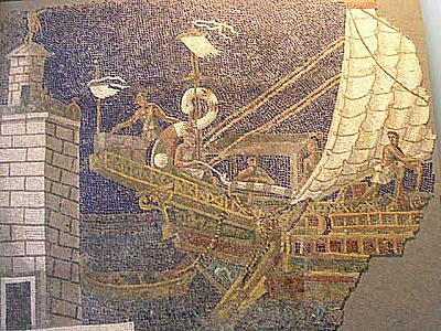 Mosaic of a  ship in a harbour 