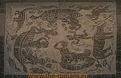 Floormosaic pigmees in nilish setting 