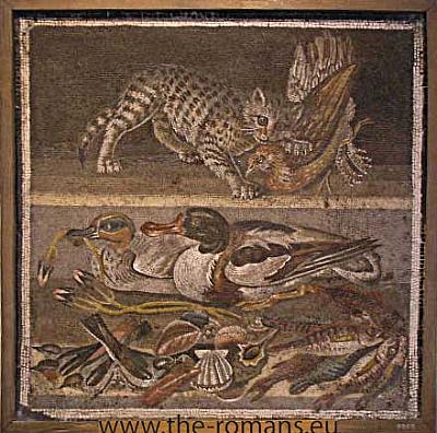 Mosaic ducks  and a cat 